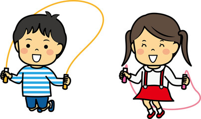 なわとびをする幼い男女