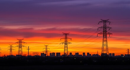 Fototapeta premium Electric Towers Silhouetted Against a Vibrant Sunset Sky