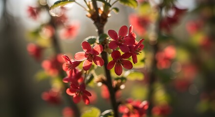 Red Flowers in Spring Sunlight: A Close-Up Nature Photograph