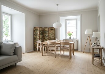 Fototapeta premium Bright dining room with wooden table, chairs and a decorative screen
