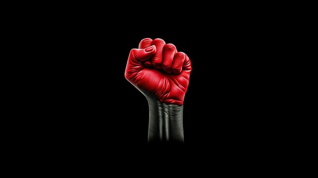Clenched red fist on black background symbolic hand gesture