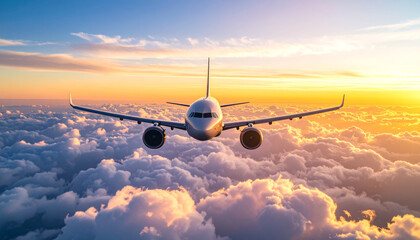 sleek aircraft flying above fluffy clouds during vibrant sunset, showcasing beauty of aviation and serenity of sky. scene evokes sense of adventure and freedom