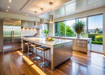 Modern Minimalist Kitchen Island: Stainless Steel Countertop & Clean Lines