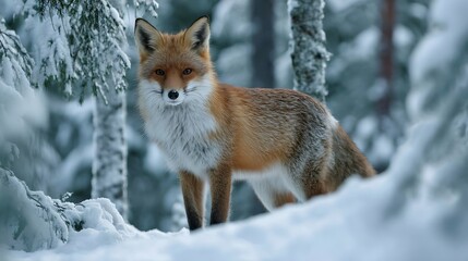 Fototapeta premium Fox standing in snowy, winter woodland scene