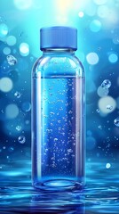 Refreshing hydration a clear water bottle amid ethereal bokeh and liquid ripples