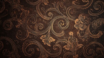Dark brown flock wallpaper with a luxurious paisley texture