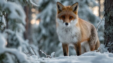 Fototapeta premium Fox stands in snowy forest, looking at camera