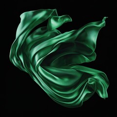 Emerald Green Silk Fabric Flowing Abstractly Against Black Background Studio Shot Elegant Drape Texture
