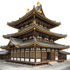 A traditional Japanese pagoda with intricate wooden details, tiered rooftops, and red accents isolated on transparent background. Png
