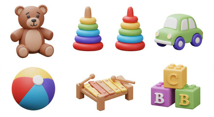 Obraz premium Assorted Toy Collection Still Life | Colorful Teddy Bear, Stacking Rings, Toy Car, Beach Ball, Xylophone, and Blocks for Children's Products and Educational Materials