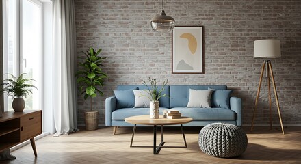 Modern Living Room Interior: 3D Render of a Cozy Space with Blue Sofa