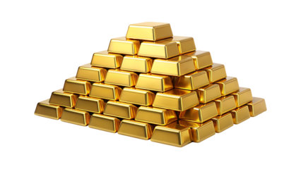 A pyramid stack of gold bars isolated on transparent background. Png