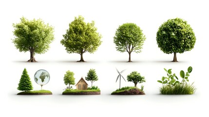 Circular set of eco friendly icons featuring trees green energy sources sustainable living practices and environmental protection symbols  Isolated on a plain background