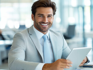 Smiling businessman using tablet PC at office