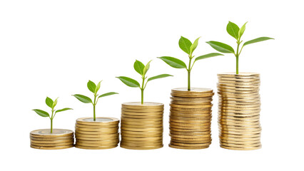 Plant growing from gold coins representing investment growth, sustainability, and eco-friendly wealth accumulation isolated on transparent background