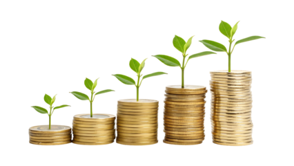 Plant growing from gold coins representing investment growth, sustainability, and eco-friendly wealth accumulation isolated on transparent background