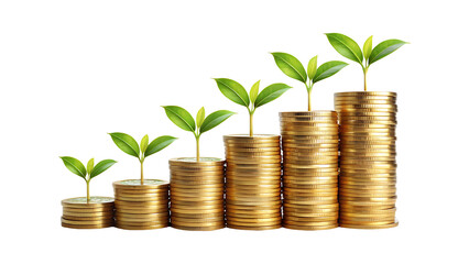 Plant growing from gold coins representing investment growth, sustainability, and eco-friendly wealth accumulation isolated on transparent background