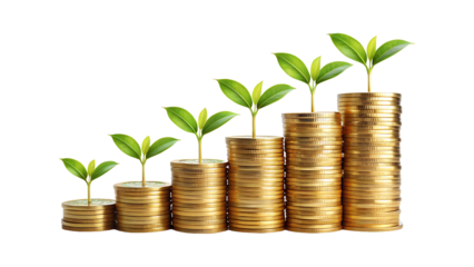 Plant growing from gold coins representing investment growth, sustainability, and eco-friendly wealth accumulation isolated on transparent background