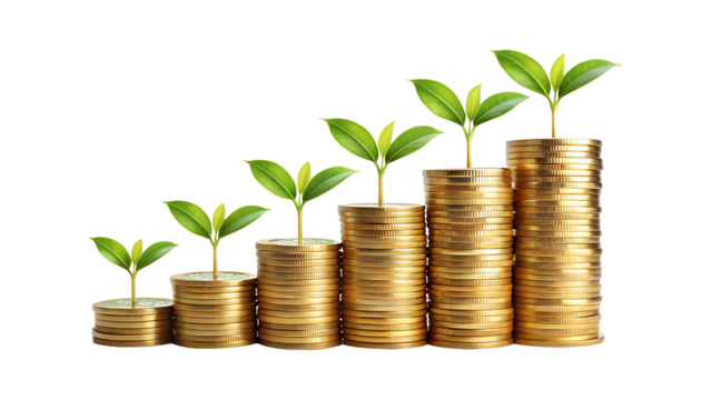 Plant growing from gold coins representing investment growth, sustainability, and eco-friendly wealth accumulation isolated on transparent background