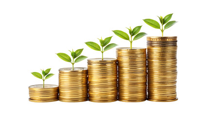 Plant growing from gold coins representing investment growth, sustainability, and eco-friendly wealth accumulation isolated on transparent background