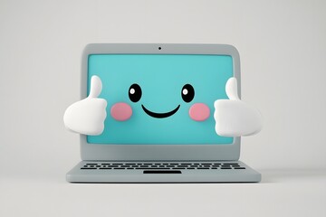 A smiling laptop character with thumbs up symbolizing approval and positive feedback