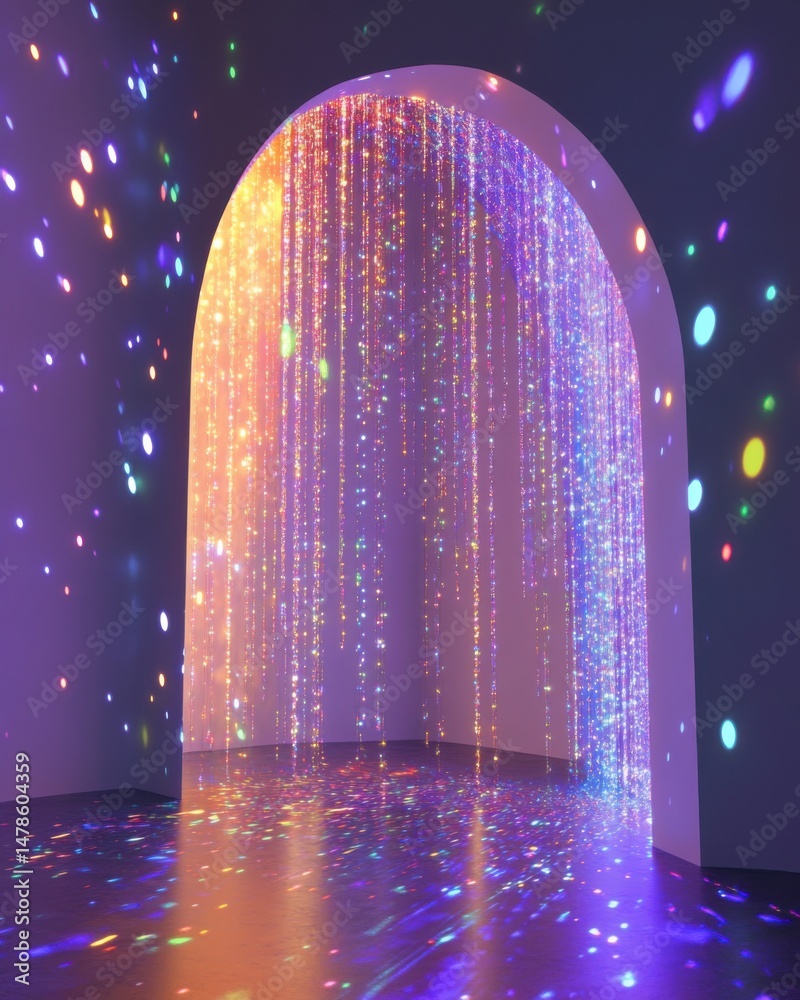 Poster abstract archway with shimmering light strands and colorful bokeh in a minimalist room, creating a m