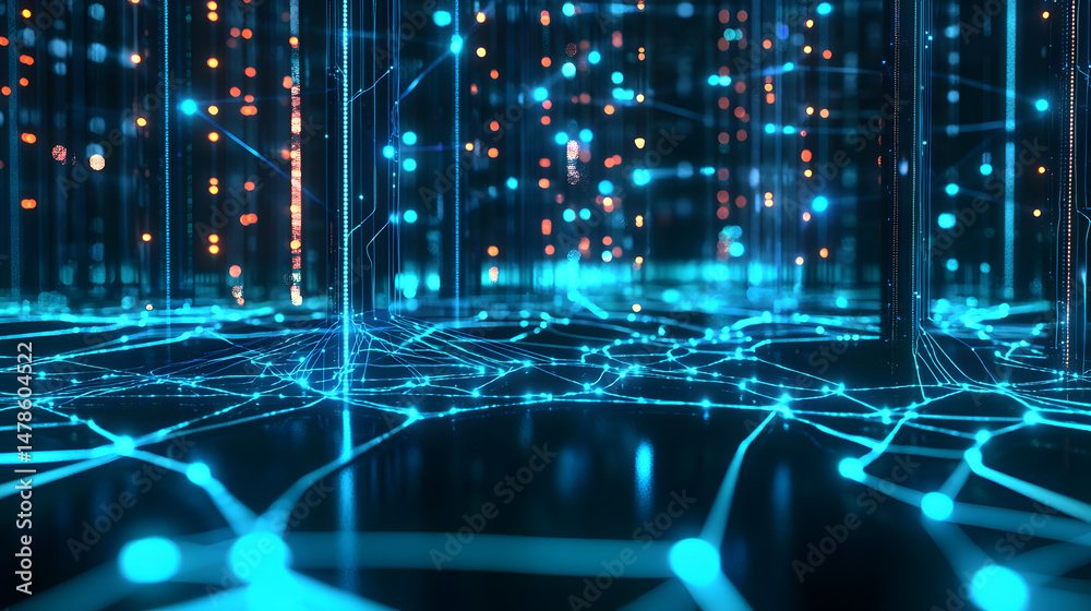 Poster visualizing machine learning process in neural networks digital environment infographic tech perspec