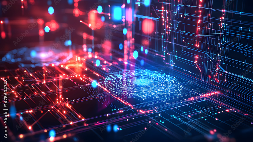 Poster visualizing the machine learning process with neural diagrams in technology environments