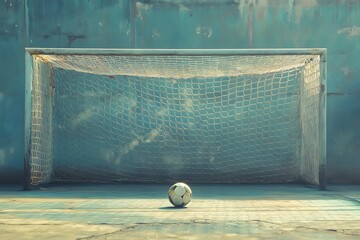 A solitary soccer ball rests in front of the empty net in a weathered and textured outdoor scene