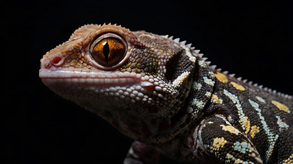 Fototapeta premium Close-up of a gecko with striking eyes and textured skin against a dark background