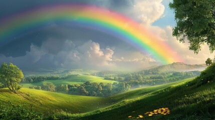 Obraz premium An enchanting illustration of nature’s wonders with a rainbow and hidden treasure.