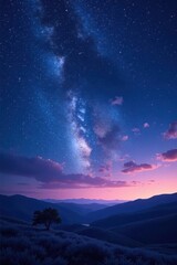 Fototapeta premium Serene Night Sky Over Rolling Hills with Solitary Tree and Lavender Fields