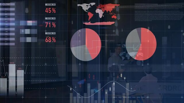 Business team collaborating around table, displaying animated charts with world map overlays