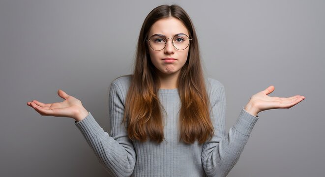 Woman Shrugging, Uncertain Expression, Studio Portrait
