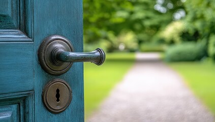 Open teal door reveals a garden path