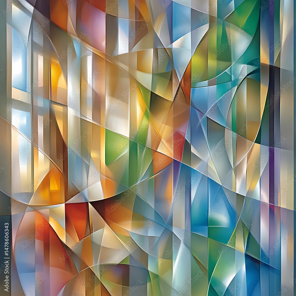 Poster abstract geometric patterned design with vibrant colors and dynamic shapes. intricate interplay of l