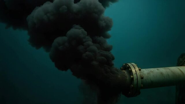Crude oil spill from underwater pipe causes toxic pollution and black smoke harming environment and marine life with severe damage