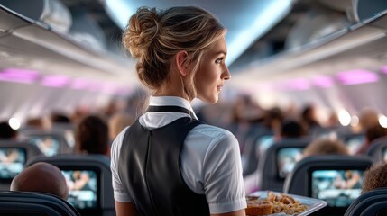 Flight Attendant Serving Meal on Airplane with Passengers in Background
