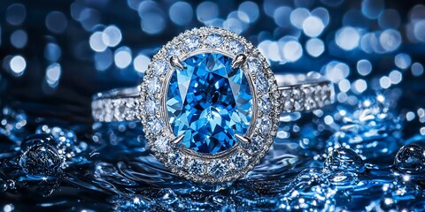 Obraz premium Magnificent blue gemstone ring surrounded by diamonds on a shimmering surface