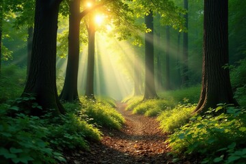 Sun-dappled forest floor, sunlight filtering through leaves , soil, trees