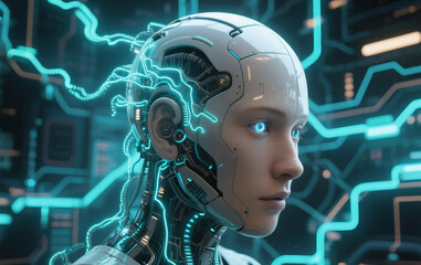 Obraz premium A futuristic digital artwork of a humanoid AI head partially covered 