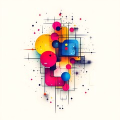 Obraz premium Vibrant abstract geometric design with intersecting shapes and lines. Dynamic colorful composition of circles, squares, and lines