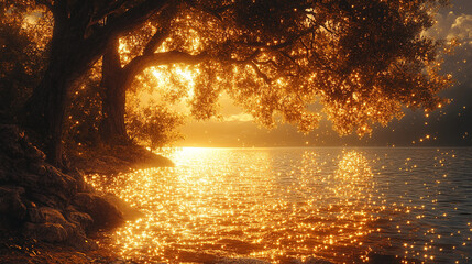 a peaceful scene infused with twilight in a calm lake