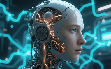 A futuristic digital artwork of a humanoid AI head partially covered 