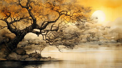 a peaceful scene infused with twilight in a calm lake