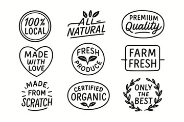 Obraz premium Local organic farm product labels and eco friendly hand drawn food badge vector set. Locally grown products labels