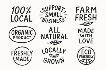 Fototapeta premium Local organic farm product labels and eco friendly hand drawn food badge vector set. Locally grown products labels
