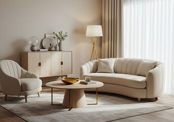 Fototapeta premium Living room interior with sofa armchair and coffee table in neutral tones