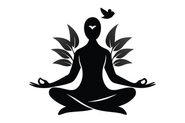 Black Silhouette Peace Dove with Yoga Pose Vector Illustration