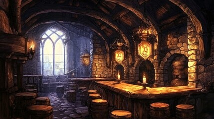 An enchanting fantasy illustration of a medieval castle tavern.